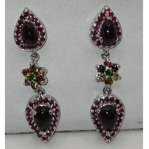 .925 Sterling Silver Black Opal, Tourmaline, Ruby Dangling Earrings. Value $745